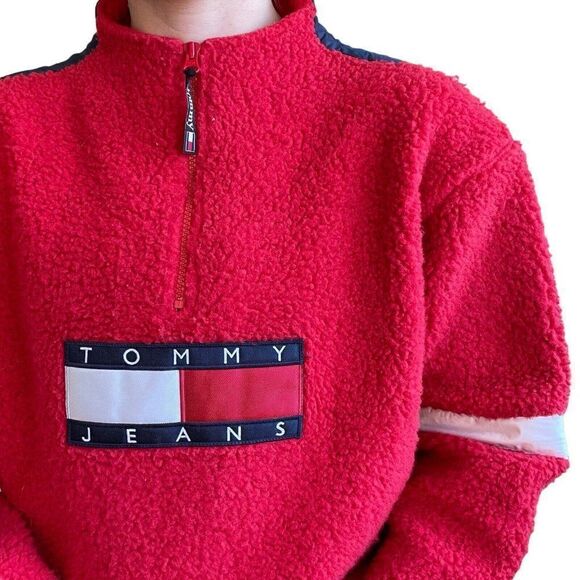 Vintage 90s Womens Tommy Hilfiger Red Retro Fleece Cropped Sweatshirt Sz L - Picture 5 of 10